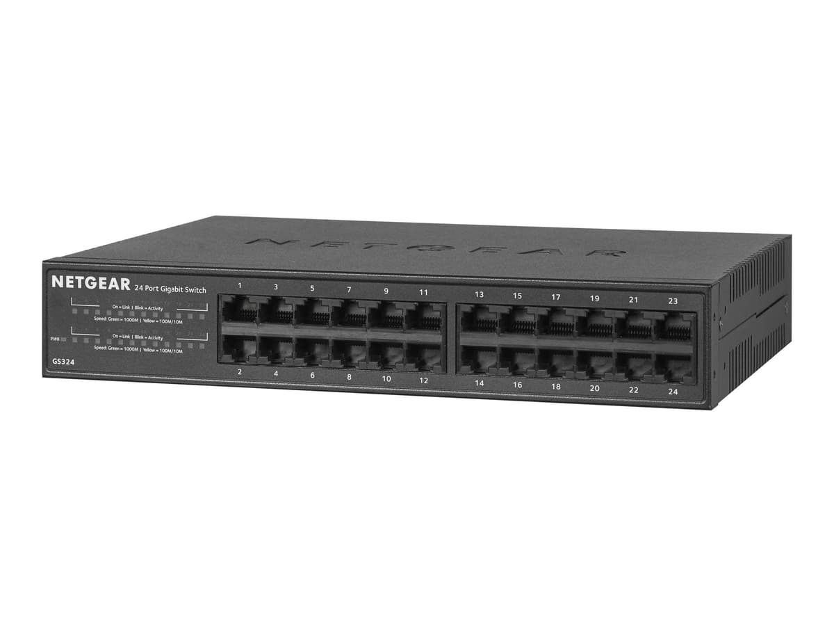 NETGEAR GS324-100EUS Switch Ethernet Gigabit 24 Puertos, hub/divisor de internet, escritorio/rack, sin ventilador, color negro