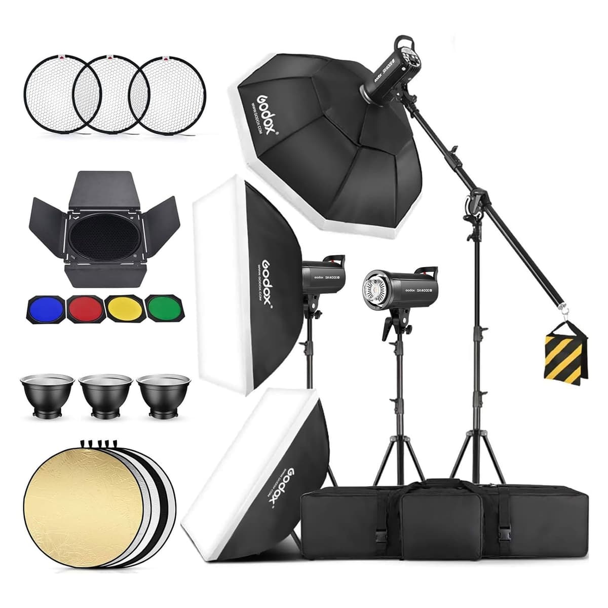 Godox SK400IIV 3 Pack Flash de Estudio 1200Ws 2.4G Monolight Montura Bowens con Softbox, Soportes, Barn Door y Estuche
