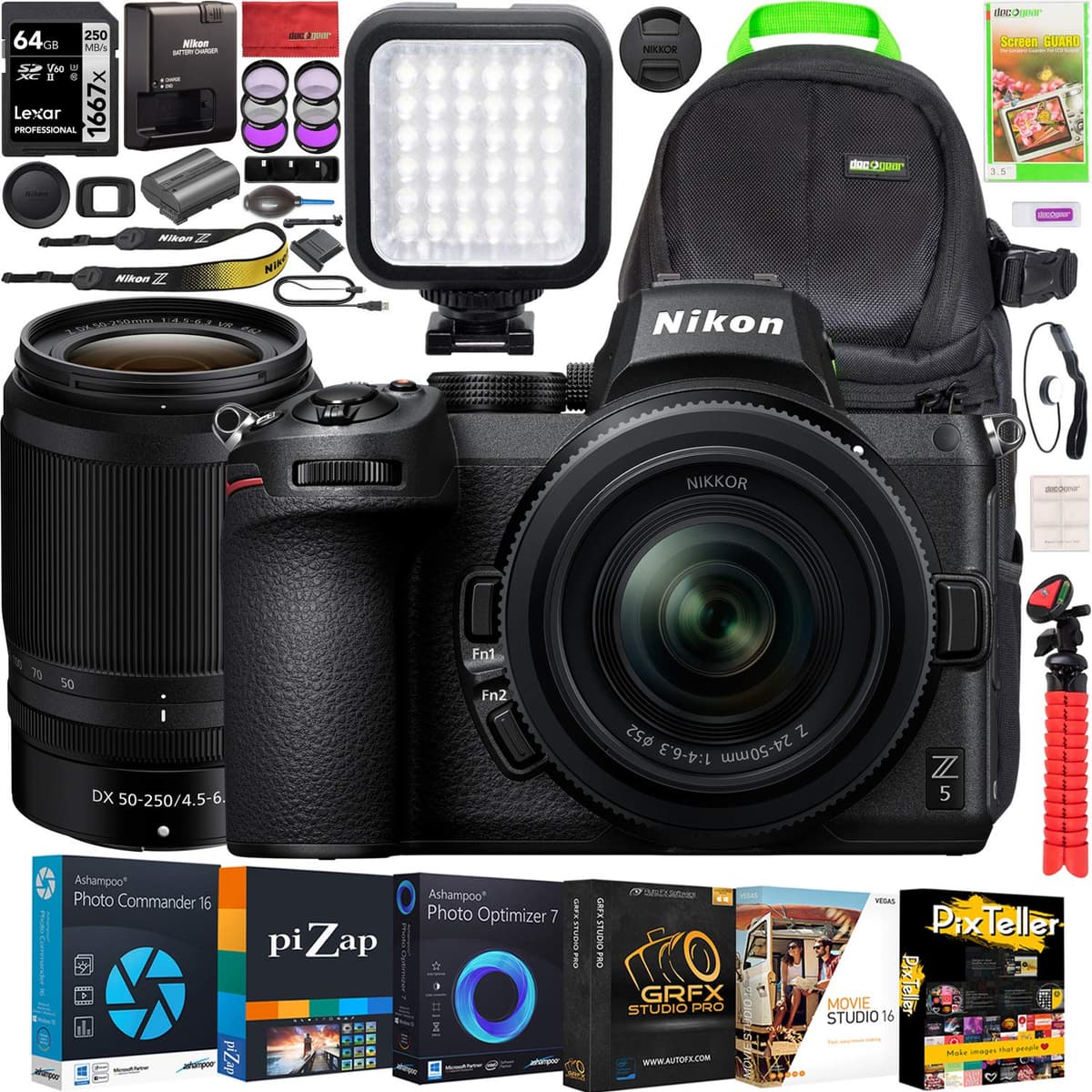 Nikon Z5 Cámara Mirrorless Full Frame FX Kit 2 Lentes 24-50mm + 50-250mm DX VR con Mochila, LED, Tarjeta 64GB, Software y Accesorios E2NKZ52450X2