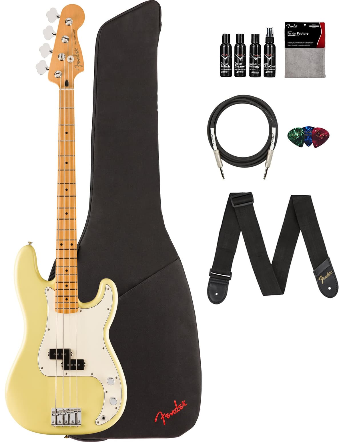 Fender Player II Precision Bass Bajo Eléctrico Hialeah Yellow, pack con funda, correa, cable, 3 púas y kit de limpieza 140472561