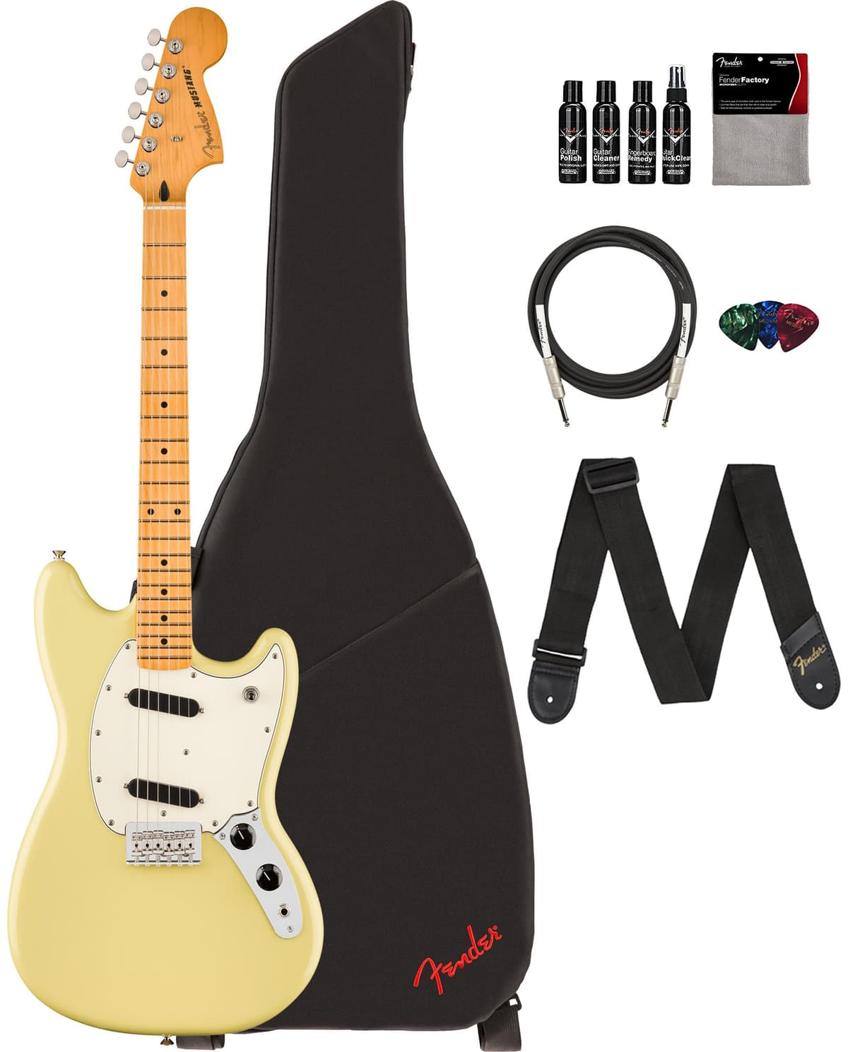 Fender Player II Mustang guitarra eléctrica Hialeah Yellow paquete con funda, correa, cable, 3 púas y kit de limpieza AUS-0140462561-COMBO-DLX