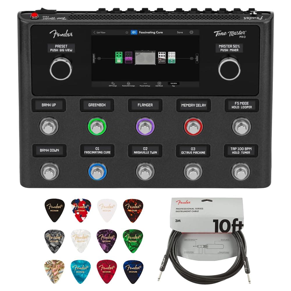 Fender Tone Master Pro paquete con cable de instrumento profesional para guitarra 10 ft y púas clásicas de celuloide 12 piezas