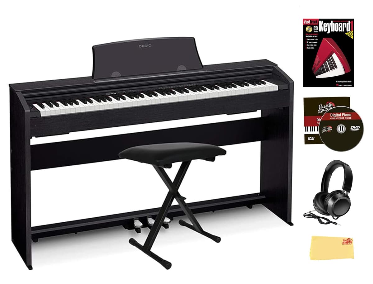 Casio Privia PX-770 Piano Digital Negro - Combo con Banco Ajustable, Auriculares, Libro, Clases Online, DVD y Paño Austin Bazaar PX770BK-COMBO-PRO-1