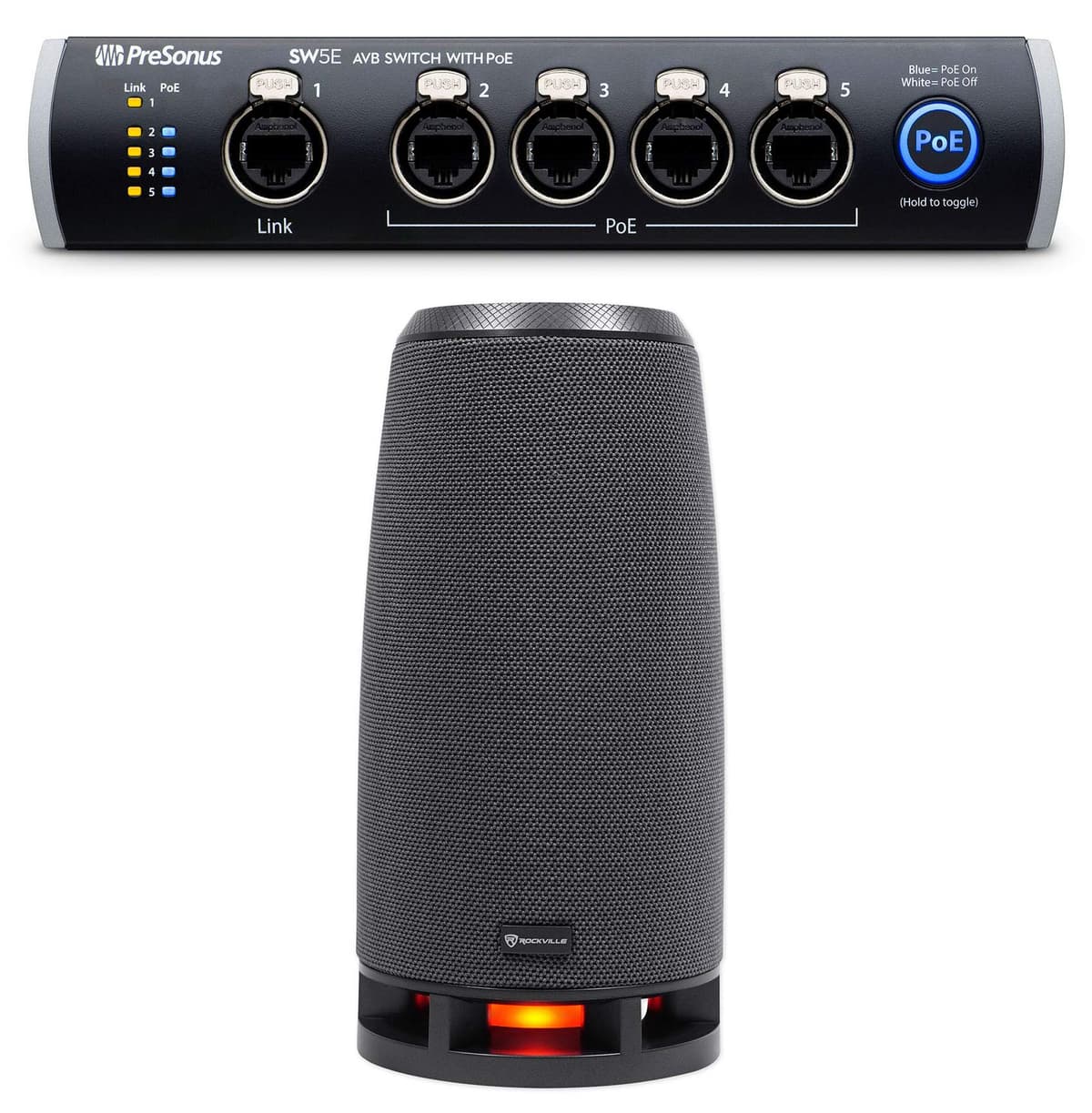 PreSonus SW5E + RockShip Switch AVB de 5 puertos con PoE, Ethernet, montable en rack, chasis metálico