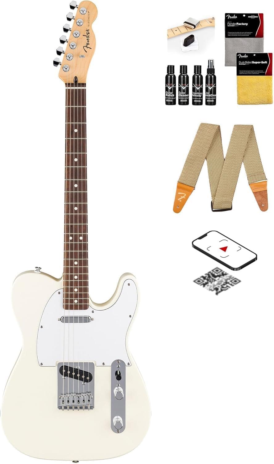 Fender Standard Telecaster guitarra eléctrica - Blanco Olímpico, paquete con correa, kit de limpieza y video instructivo Austin Bazaar 266040505