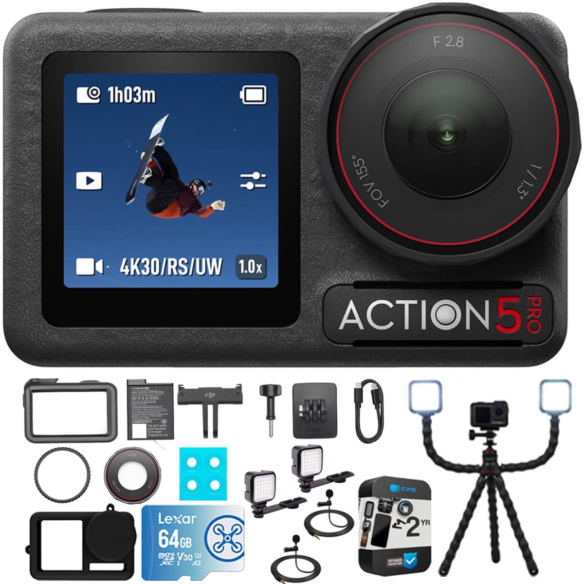 DJI Osmo Action 5 Pro Standard Combo 4K, kit vlog con trípode, microSD 64GB, funda silicona, 2 luces LED, 2 micrófonos solapa, protección 2 años E3DJIOSMOACT5PSC