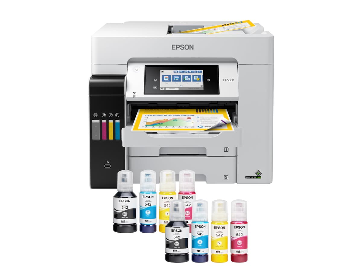Epson EcoTank Pro ET-5880 impresora multifunción a color inalámbrica Supertank con escáner, copiadora, fax, Ethernet, PCL/PostScript, blanca