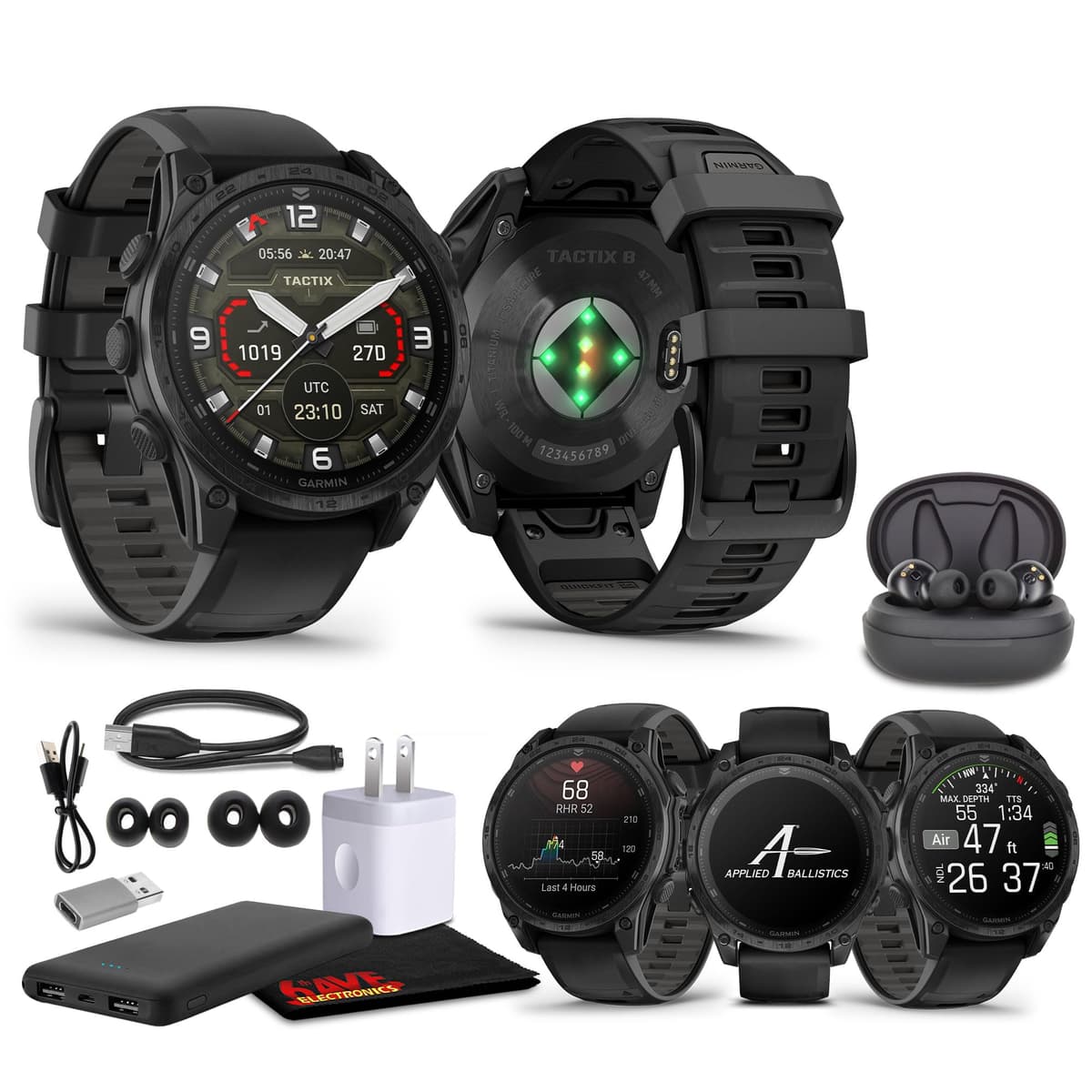 Garmin Tactix 8 010-03405-00 Smartwatch 47mm AMOLED, linterna, GPS táctico, batería 16 días, Applied Ballistics, bundle con earbuds