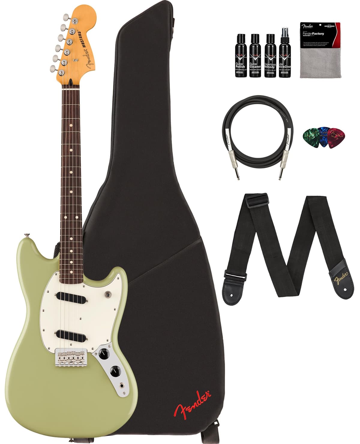 Fender Player II Mustang Guitarra Eléctrica Verde Abedul Bundle con Funda, Correa, Cable, 3 Púas y Kit de Limpieza AUS-0140460565-COMBO-DLX