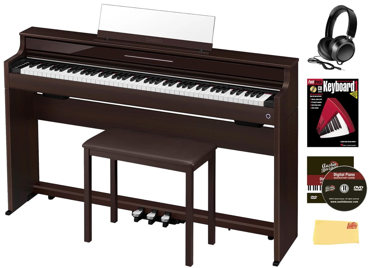 Casio Celviano AP-S450BN Piano Digital 88 Teclas Marrón Combo con Banco con mueble, Audífonos, Libro, DVD Austin Bazaar y Paño