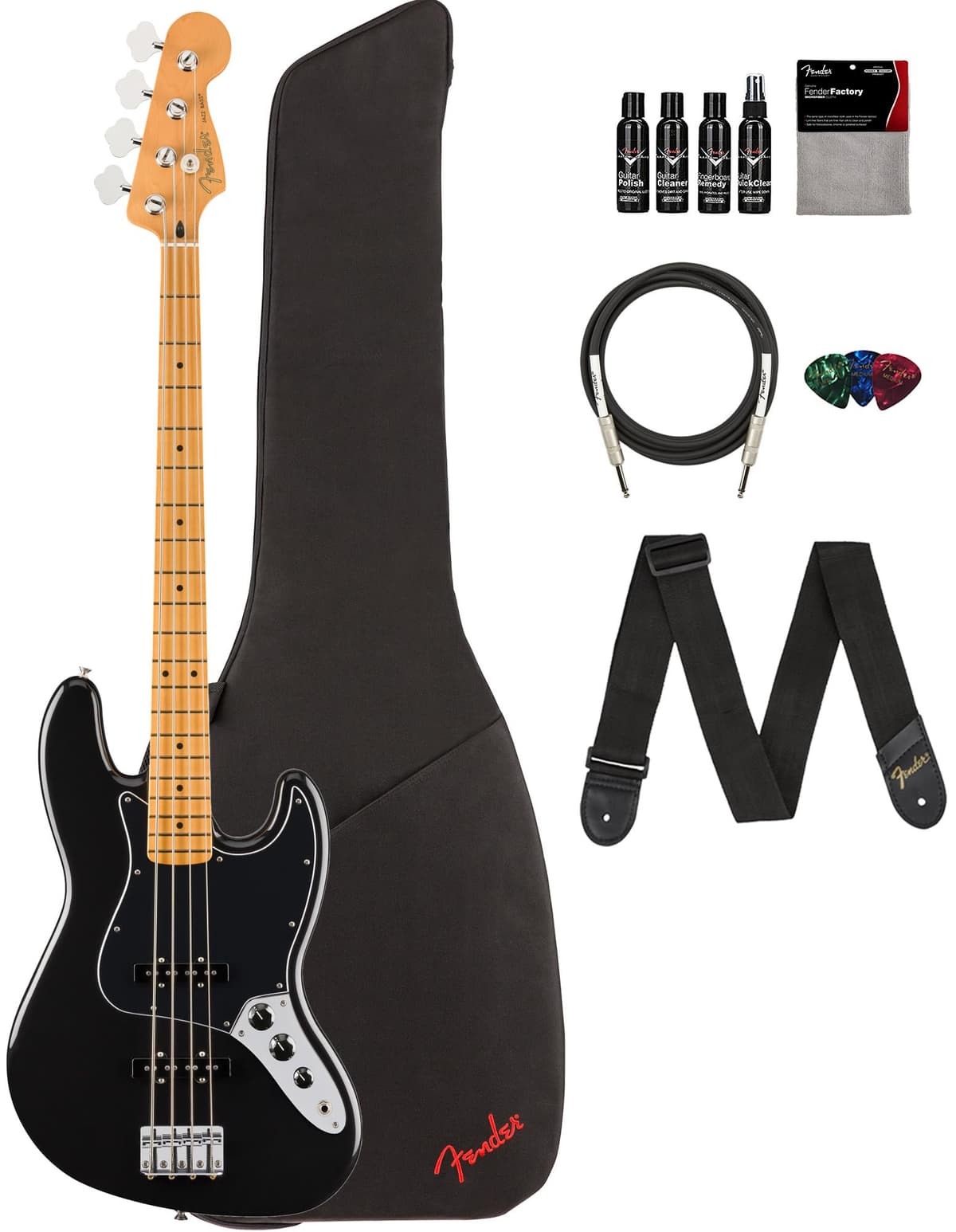 Fender Player II Jazz Bass - Bajo Eléctrico Negro, Pack con Funda, Correa, Cable, 3 Púas y Kit de Limpieza 140482506