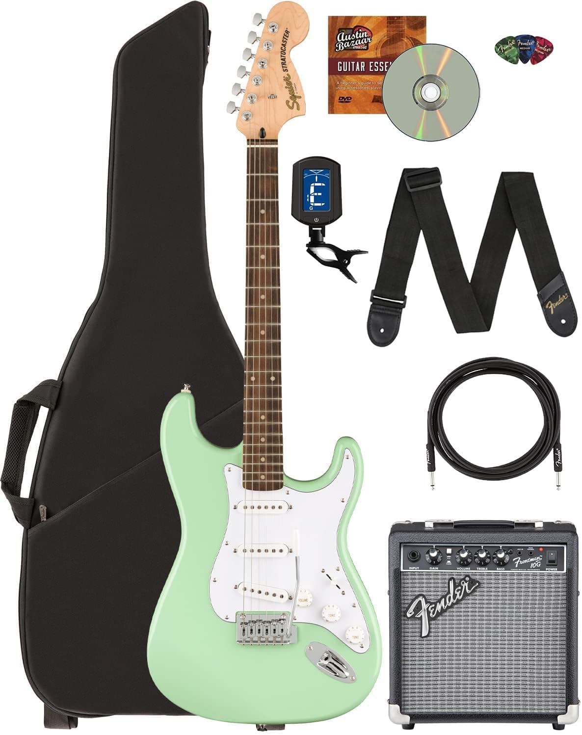 Fender Squier Affinity Stratocaster Limited Edition Surf Green, paquete con amplificador Frontman 10G, funda, afinador, cable, correa y púas, DVD AUS-0378000557-COMBO-DLX