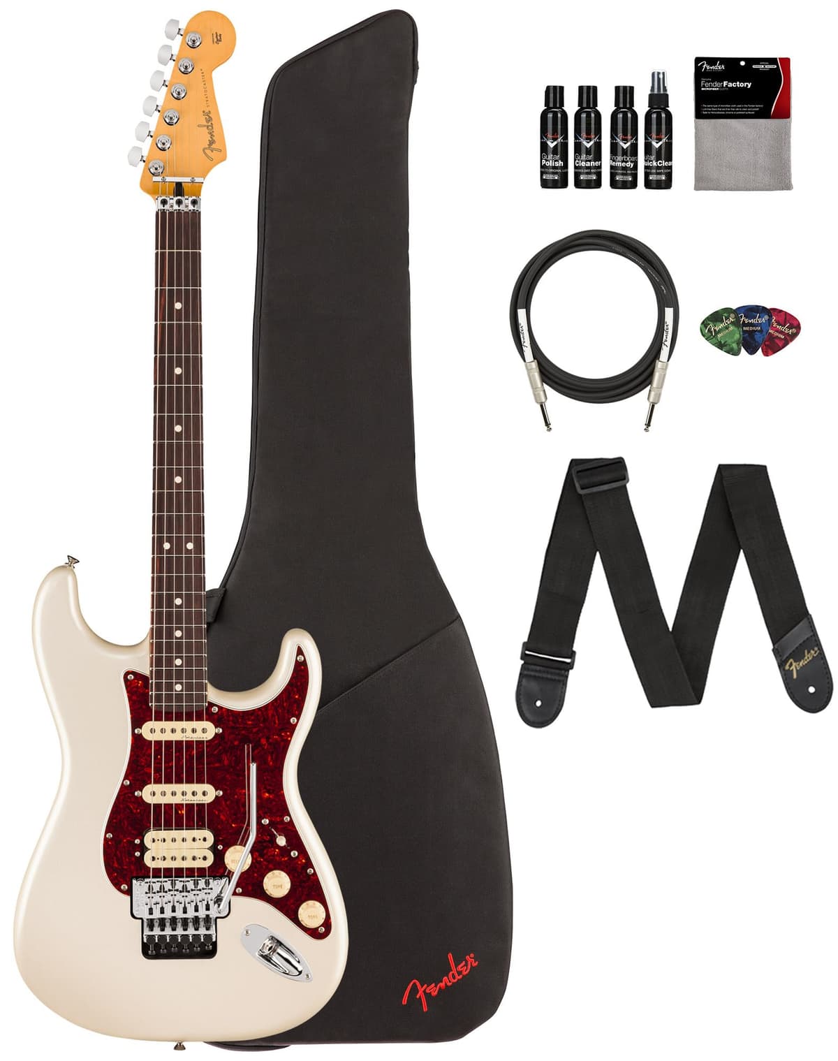 Fender Player II Modified Stratocaster 147440323 HSS Floyd Rose Guitarra Eléctrica Olympic Pearl con funda, correa, cable, 3 púas y kit de limpieza