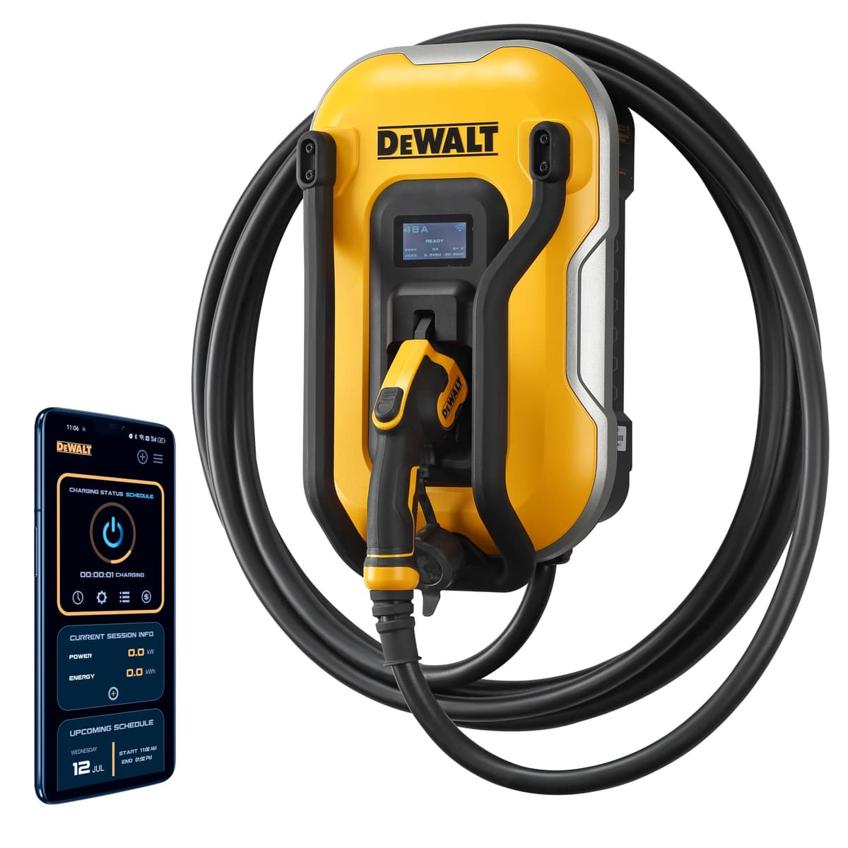 DEWALT EV DXPAEV048 Cargador para vehículo eléctrico Nivel 2 240V 48A, app Bluetooth y Wi-Fi, CSA, interior/exterior, pared, cable 25 ft
