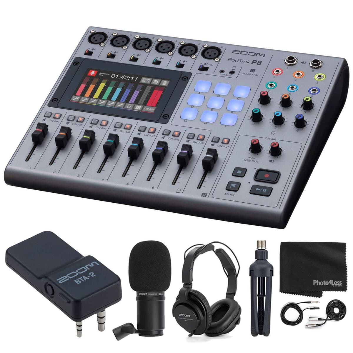 Zoom PodTrak ZP8 K5 grabadora multitrack para podcast + micrófono ZDM-1 + adaptador Bluetooth BTA-2 + audífonos + paraviento + cable XLR