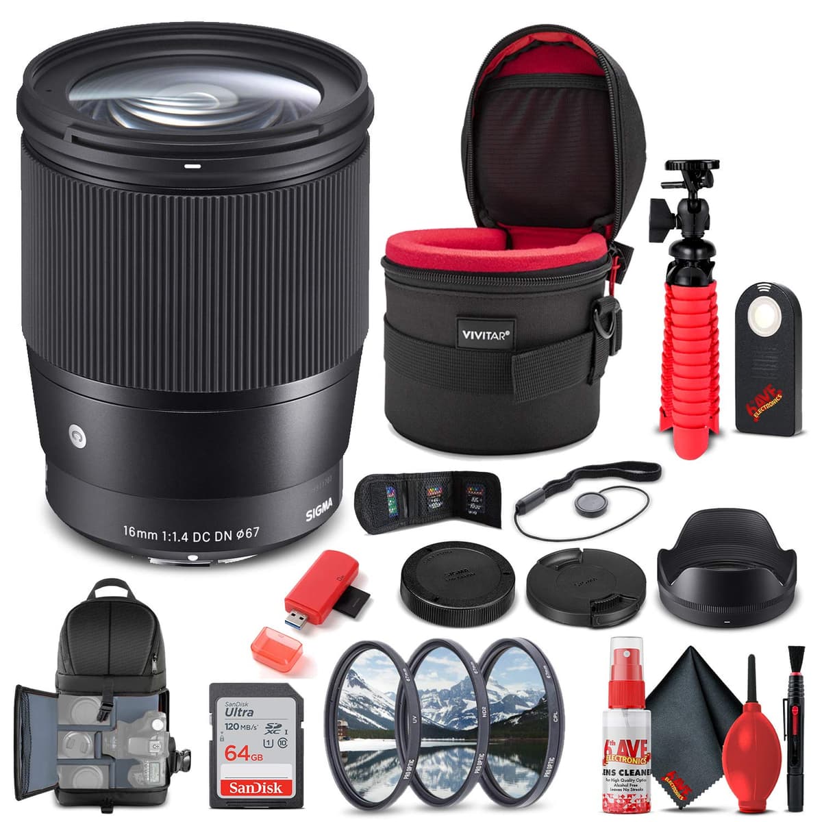 Sigma Contemporary 402963 16mm f/1.4 DC DN Lente para Micro Four Thirds, bundle: mochila, 64GB, estuche, lector, filtros, limpieza, trípode