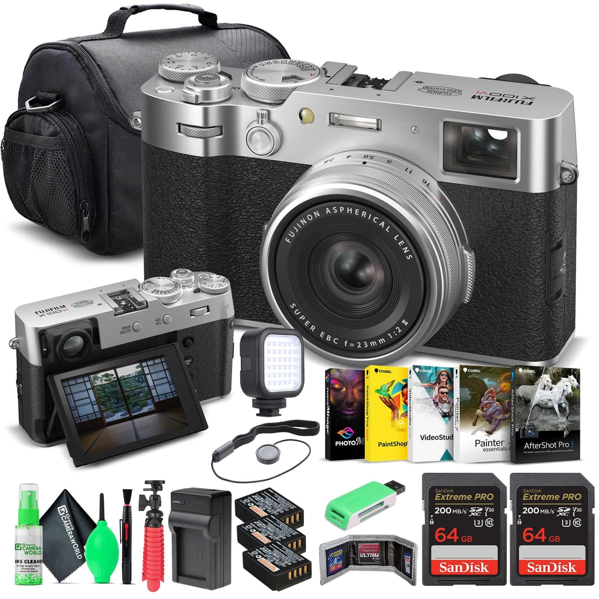 Fujifilm X100VI Cámara Digital Plateada + 2x64GB + Lector + 2x Batería NP-W126 + Cargador + Luz LED + Software + Estuche + Trípode + Tarjetero