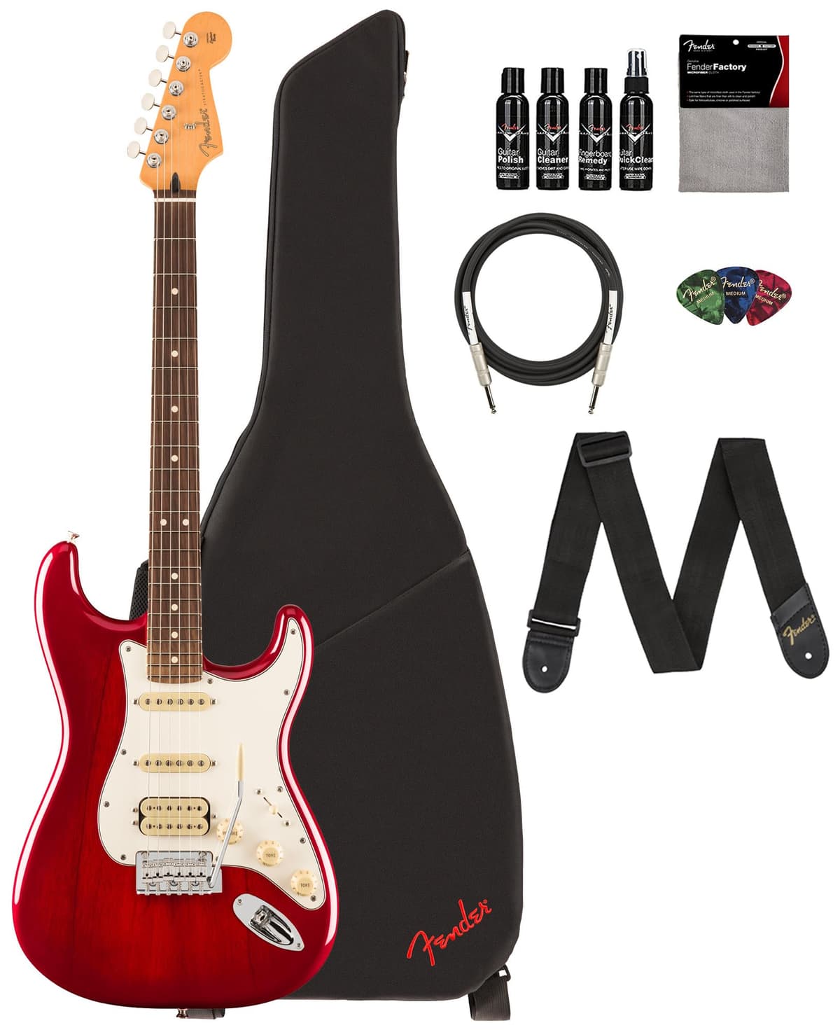 Fender Player II Stratocaster HSS - Cherry Burst Transparente, Bundle con Funda, Correa, Cable, 3 Púas y Kit de Limpieza 140540525