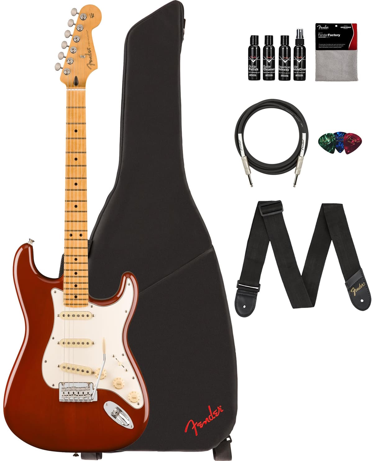 Fender Player II Stratocaster Mocha Burst Transparente con Funda, Correa, Cable, 3 Púas y Kit de Limpieza de Guitarra 140512545