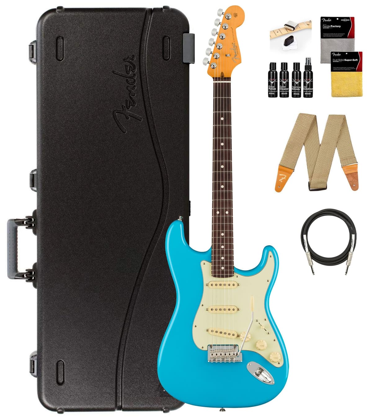 Fender American Professional II Stratocaster guitarra eléctrica Miami Blue, paquete con estuche, correa, cable y kit de limpieza 113900719