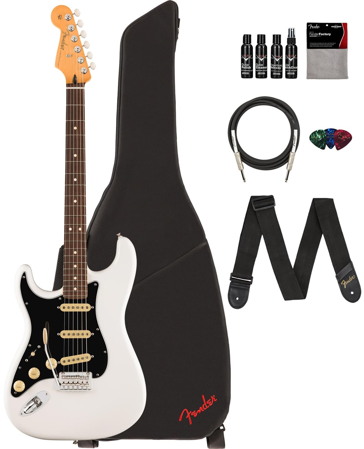 Fender Player II Stratocaster guitarra eléctrica zurda Blanco Polar con funda, correa, cable, 3 púas y kit de limpieza 140530515