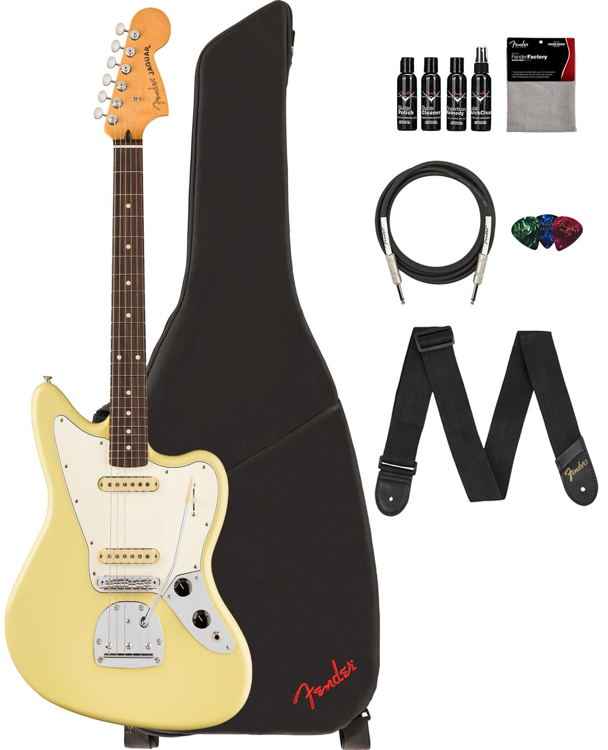 Fender Player II Jaguar Hialeah Yellow guitarra eléctrica bundle con estuche, correa, cable, 3 púas y kit de limpieza 140580561