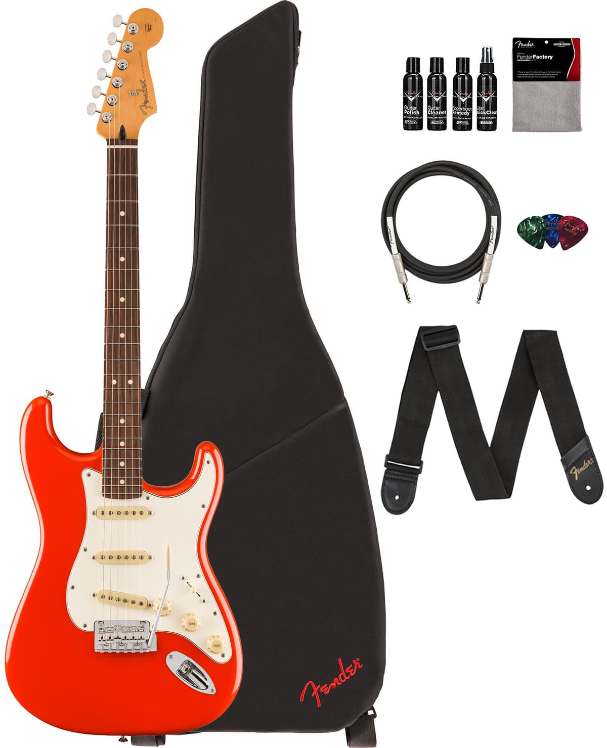 Fender Player II Stratocaster Guitarra Eléctrica Rojo Coral + Funda, Correa, Cable, Pack 3 Púas y Kit de Limpieza para Guitarra 140510558