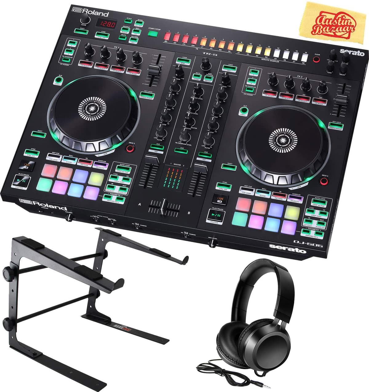 Roland DJ-505 Controlador DJ paquete con soporte, audífonos y paño de pulido Austin Bazaar AUS-DJ-505-COMBO-DLX