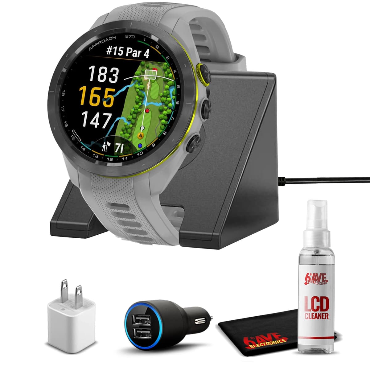 Garmin Approach S70 (Gris, 42 mm) Reloj GPS de golf, pantalla AMOLED, base de carga, adaptadores auto y pared, kit de limpieza 010-02746-01