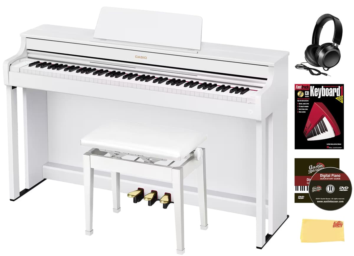 Casio Celviano AP-300 piano digital 88 teclas blanco combo: banco con mueble, audífonos, libro, DVD Austin Bazaar y paño AP-300WE
