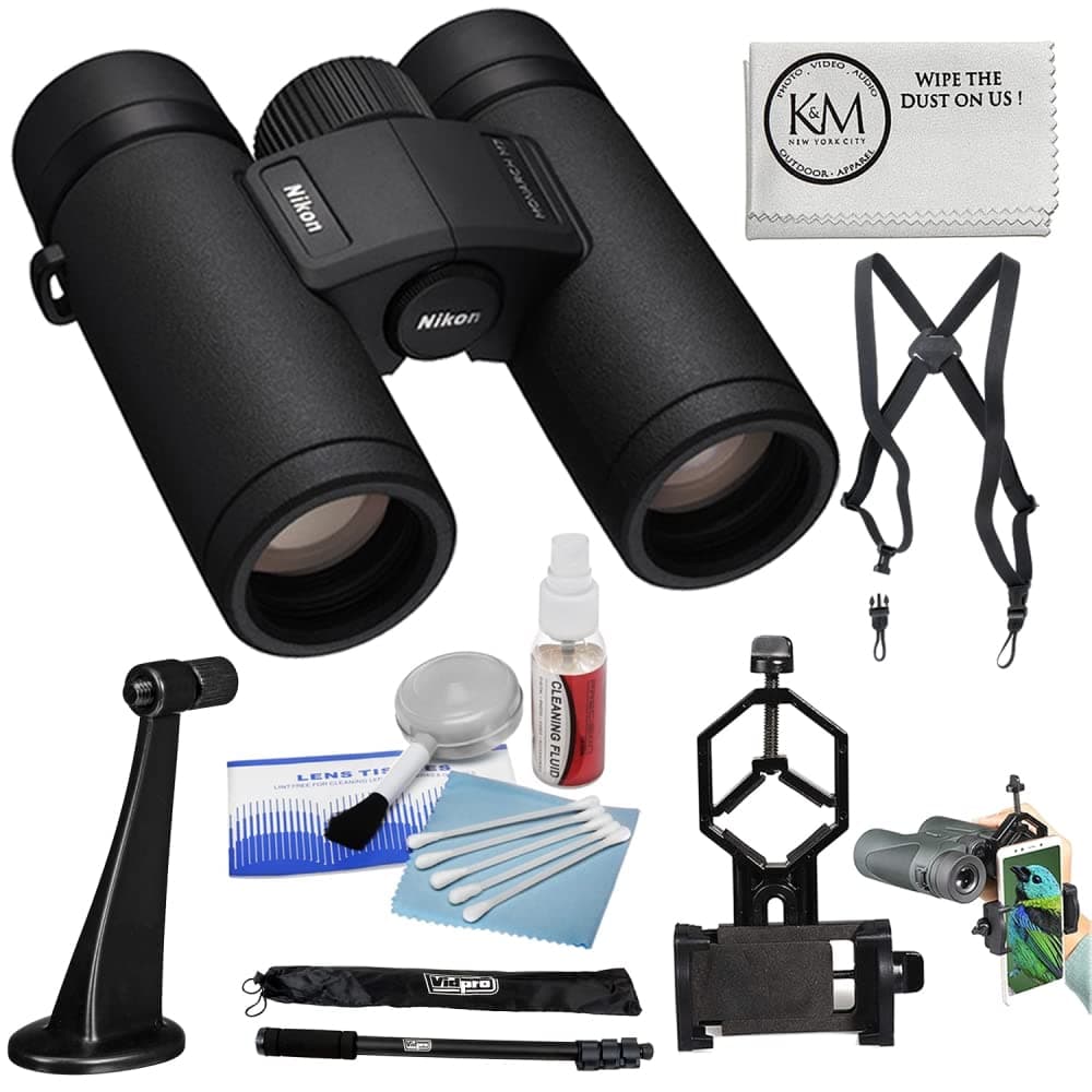 Nikon Monarch M7 10x30 Binoculares: kit con arnés, adaptador smartphone, adaptador a trípode, monopié, paño y kit de limpieza BNIK16764-003X