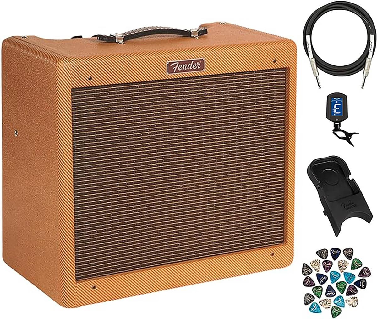 Fender Blues Junior Lacquered Tweed amplificador de guitarra, kit: cable, cuna Amperstand, afinador y 24 púas Austin Bazaar AUS-0213205700-COMBO-PRO-V2-1