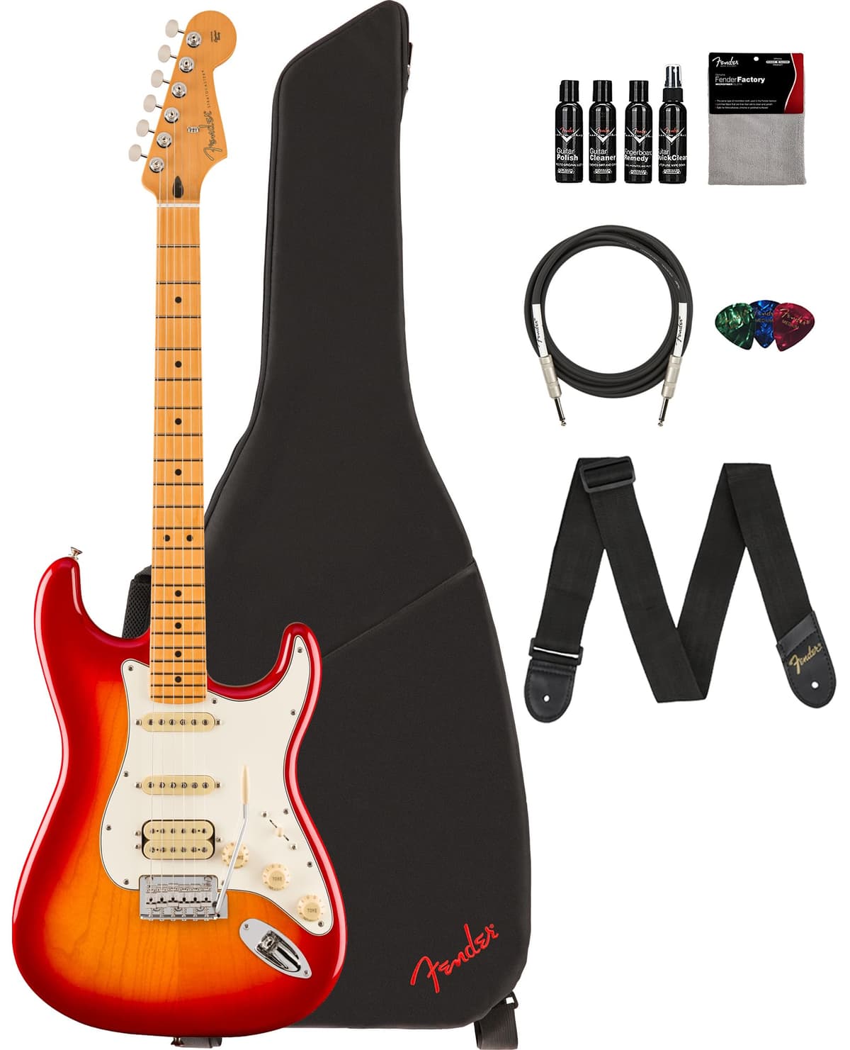 Fender Player II Stratocaster HSS Guitarra Eléctrica Aged Cherry Burst, Bundle: Gig Bag, Correa, Cable, Púas y Kit de Limpieza 140542531