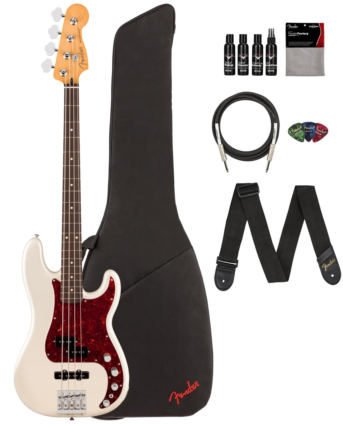 Fender Player II Modified Active Precision Bass Olympic Pearl, bundle con funda, correa, cable, 3 púas y kit de limpieza 147490323