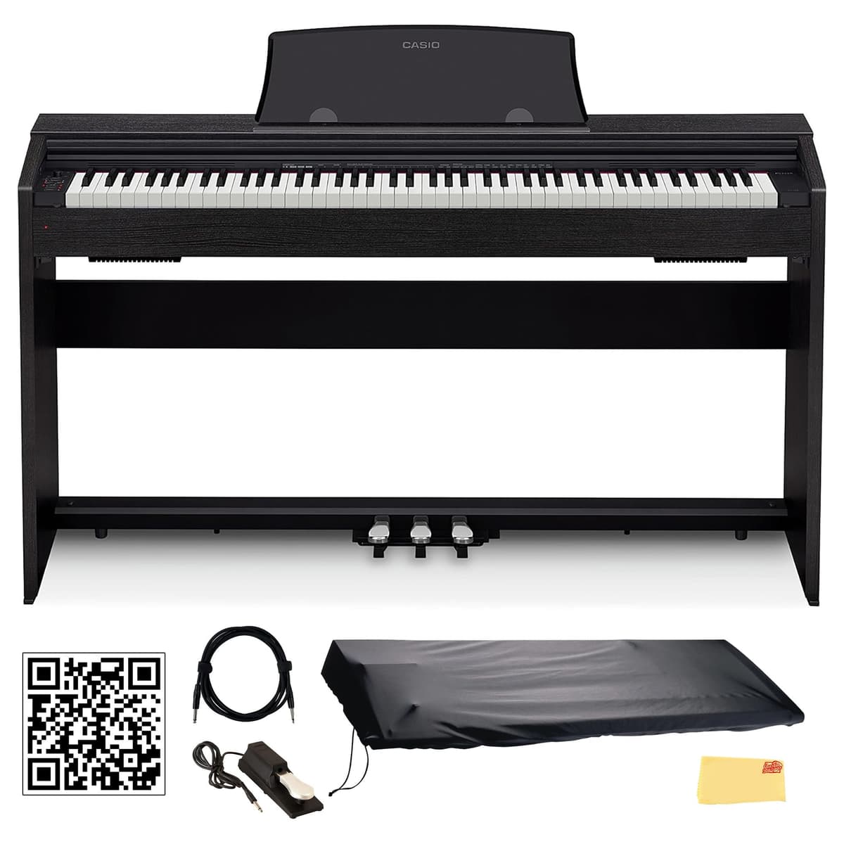 Casio Privia PX770BK Piano digital 88 teclas negro, bundle con pedal sustain, funda, cable, lecciones online, video Austin Bazaar y paño