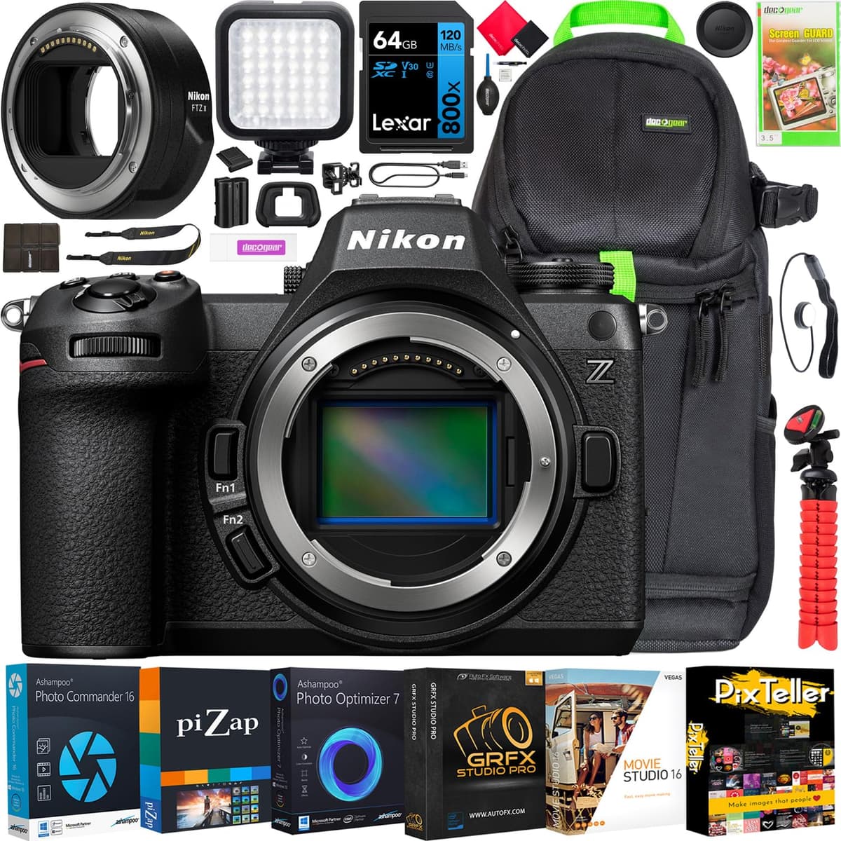 Nikon Z6III cámara mirrorless full frame FX 6K de lentes intercambiables, cuerpo + adaptador FTZ II + mochila Deco Gear + LED + kit de software E2NKZ6IIIBODY