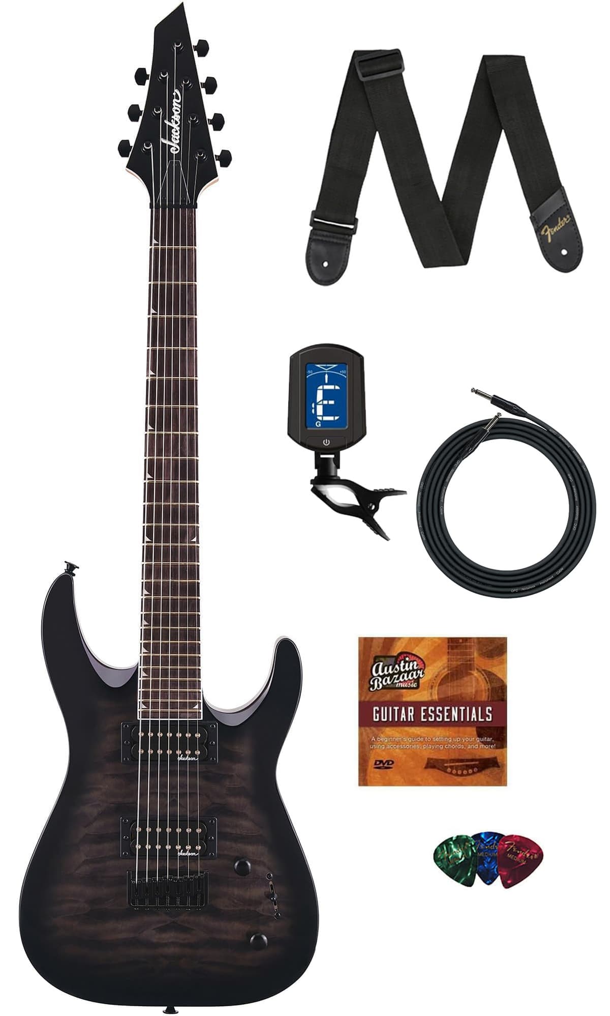 Jackson Dinky Arch Top JS22Q-7 Guitarra Eléctrica 7 Cuerdas Transparent Black Burst, combo con cable, afinador, correa, púas y DVD Austin Bazaar