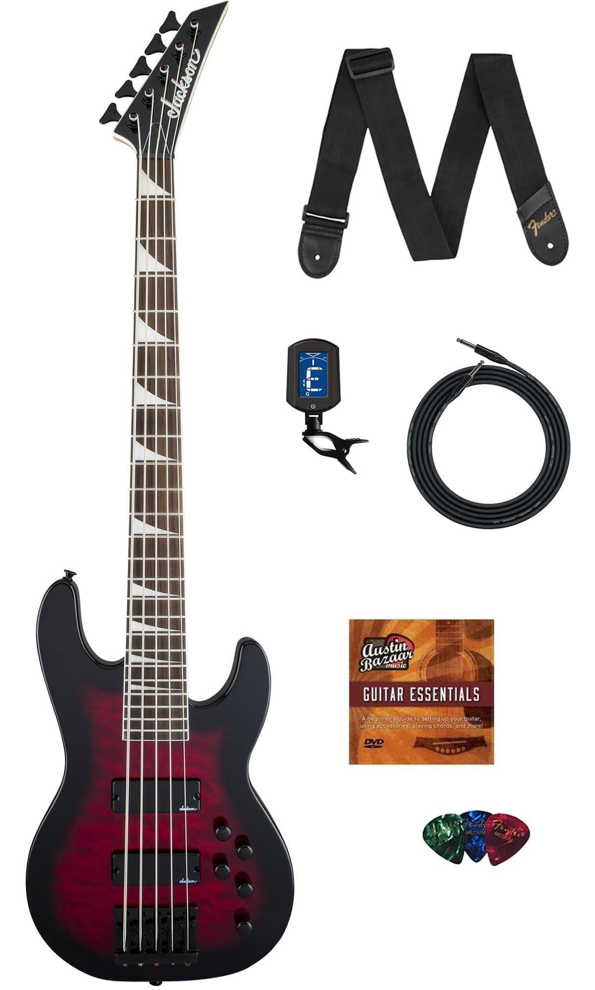 Jackson JS3VQ Concert bajo eléctrico, Rojo Transparente Burst, combo con cable, afinador, correa, púas y DVD instructivo Austin Bazaar