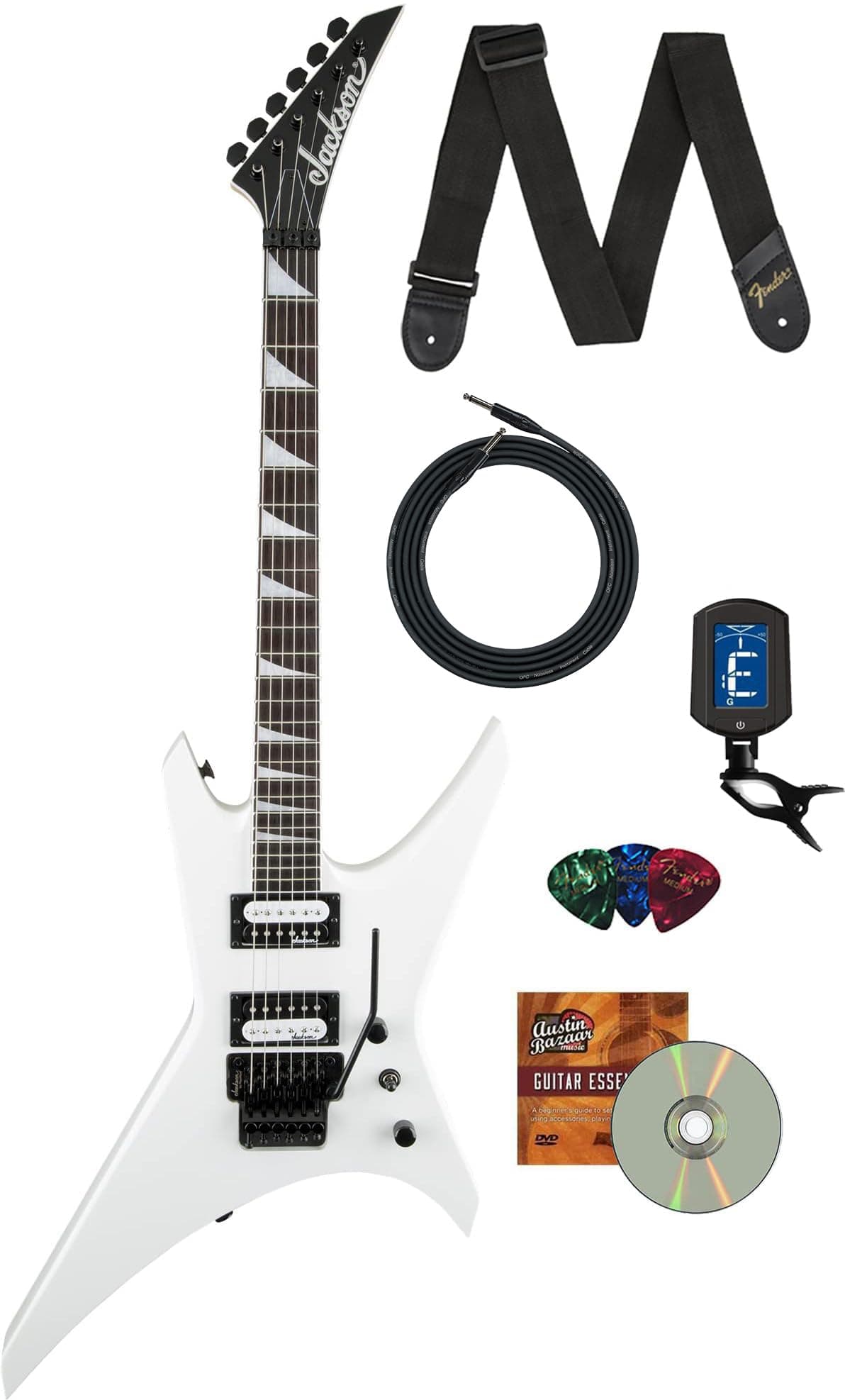 Jackson JS Series Warrior JS32 Guitarra Eléctrica Blanco Nieve paquete con cable, correa, afinador, púas y DVD Austin Bazaar