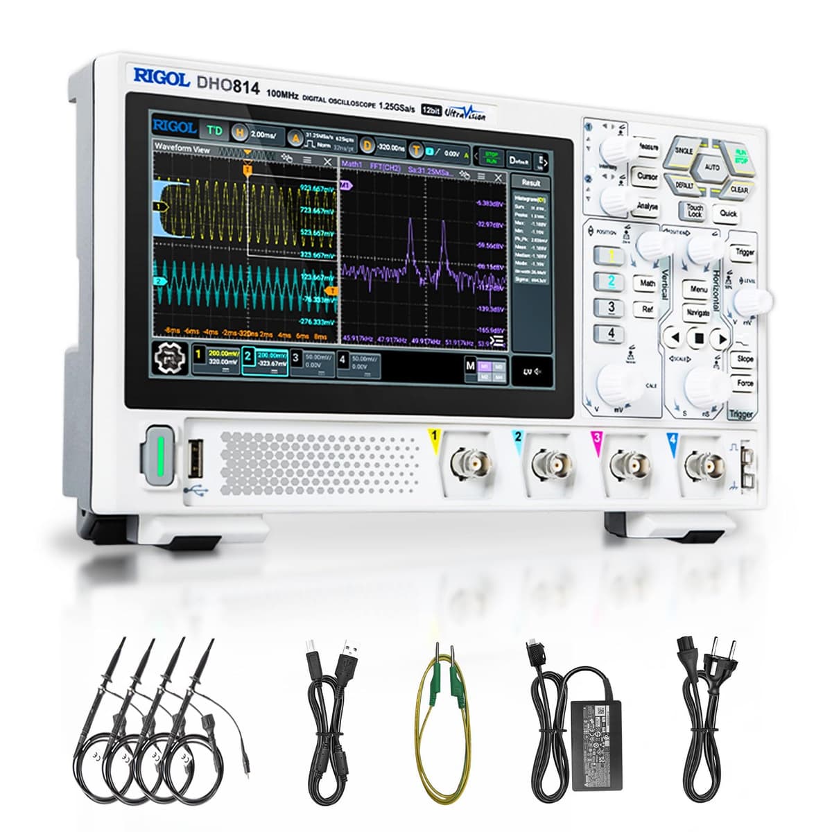 Rigol DHO800 DHO814 Osciloscopio Digital 100 MHz, 12 bits, 1.25 GSa/s, 1,000,000 wfms/s, 4 canales analógicos, memoria 25 Mpts