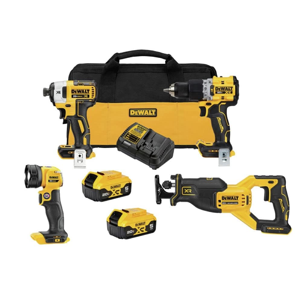 DEWALT 20V MAX XR DCK449P2 Kit combo de herramientas: taladro percutor, atornillador de impacto, sierra sable y luz, 4 herramientas