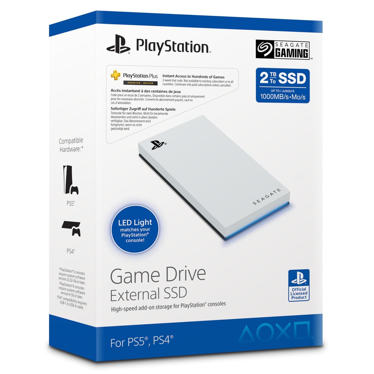 Seagate Game Drive STMH2000200 para PS5 2TB SSD externa USB 3.2 LED azul blanco Data Rescue Service