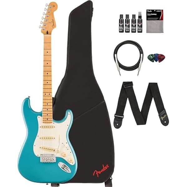 Fender Player II Stratocaster Guitarra Eléctrica Azul Aquatone Combo: Funda, Correa, Cable, 3 Púas y Kit de Limpieza
