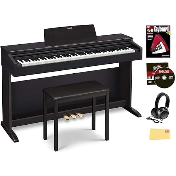 Casio CELVIANO AP-270 piano digital 88 teclas de mueble negro bundle con banco, audífonos, lecciones online, DVD Austin Bazaar y paño