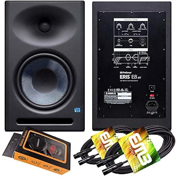 PreSonus Eris E8 XT - Par de monitores de estudio activos 8", guía EBM, woofer compuesto, tweeter seda 1.25", soporte Gravity y cable XLR EMB