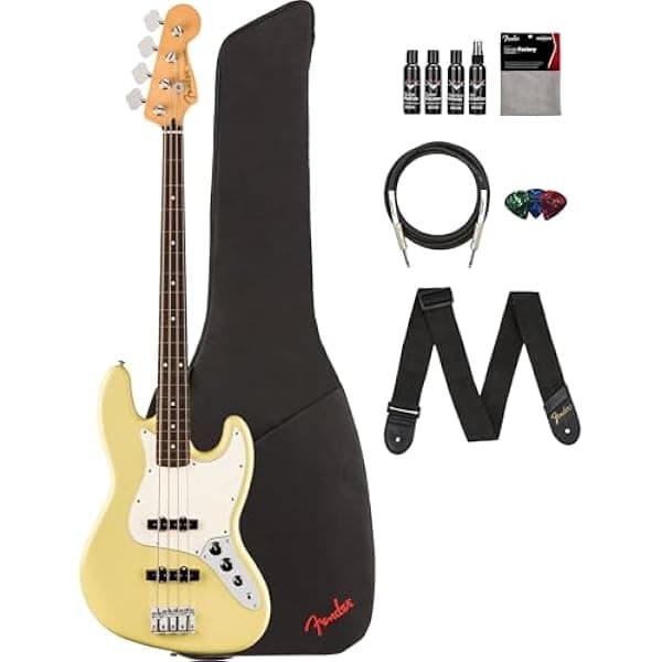 Fender Player II Jazz Bass Hialeah Yellow bajo eléctrico con funda, correa, cable, 3 púas y kit de limpieza