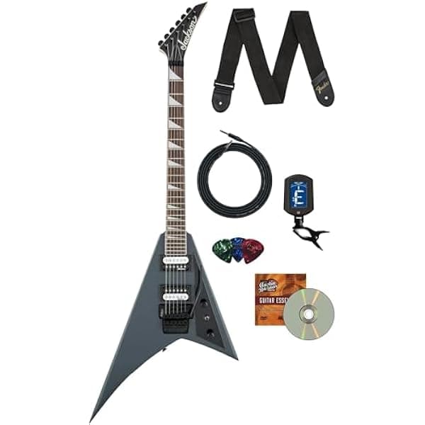 Jackson JS Series Rhoads JS32 guitarra eléctrica gris satinado paquete con cable, correa, afinador, púas y DVD instructivo Austin Bazaar