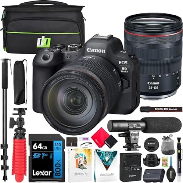 Canon EOS R6 Mark II Cámara sin espejo Full Frame con lente RF 24-105mm F4 L IS USM Kit con bolsa, micrófono, monopie, software y accesorios