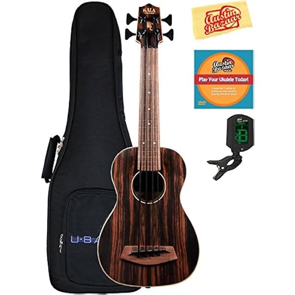 Kala U-Bass UBASS-EBY-FL ukelele bajo electroacústico sin trastes ébano listado combo con funda, afinador, DVD y paño