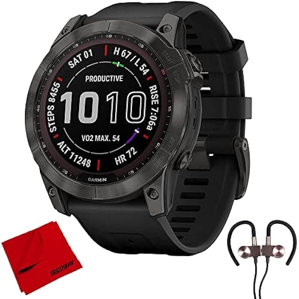 Garmin Fenix 7X Sapphire Solar smartwatch titanio DLC gris carbón correa negra bundle auriculares inalámbricos Deco Gear y paño de microfibra